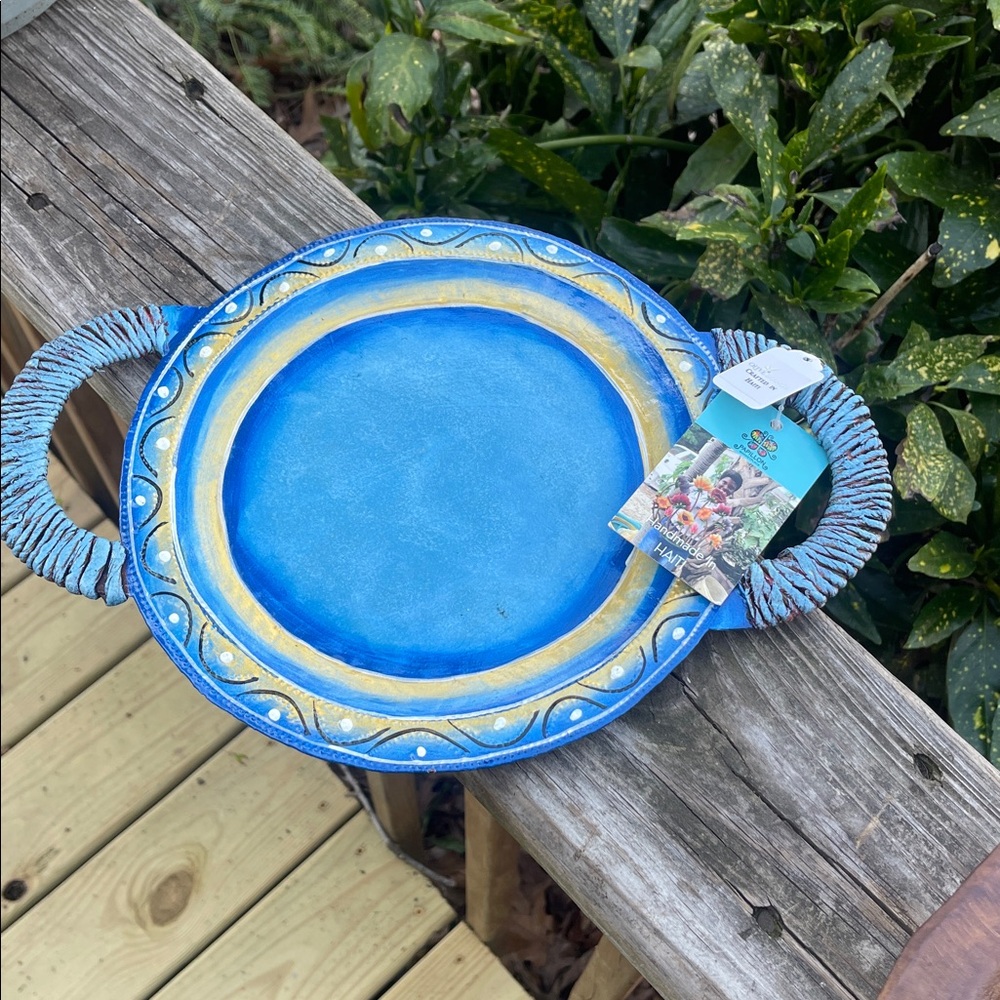 Papillon Marketplace Steel Drum Metal Art Serving Platter-new